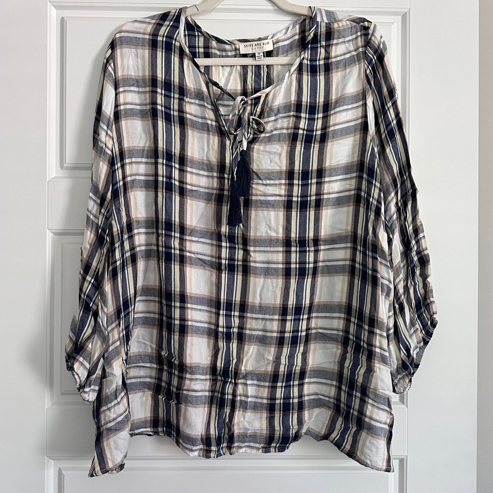 Skies Are Blue Navy, White & Tan Plaid Tie-Neck Blouse